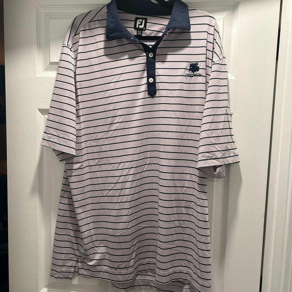 FootJoy Crestwood Golf Club Men's Polo Shirt - Navy and White Striped Design